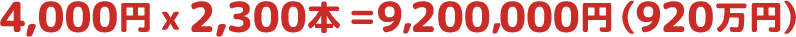 4,000円 ｘ 2,300本 ＝ 9,200,000円（920万円）